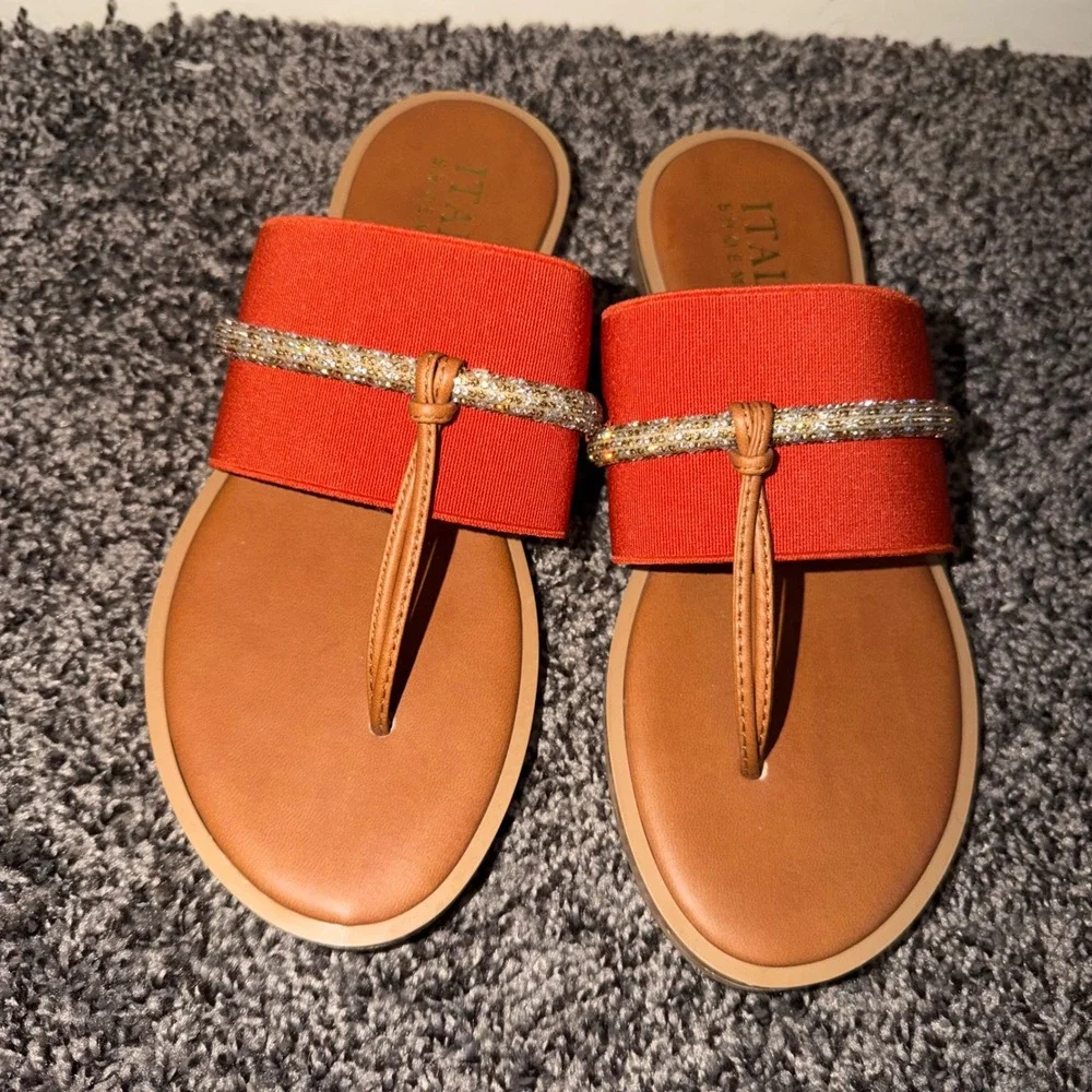 Italian Shoemakers Womens Orange Rhinestone Thong Sandals Made in Italy Size 5
